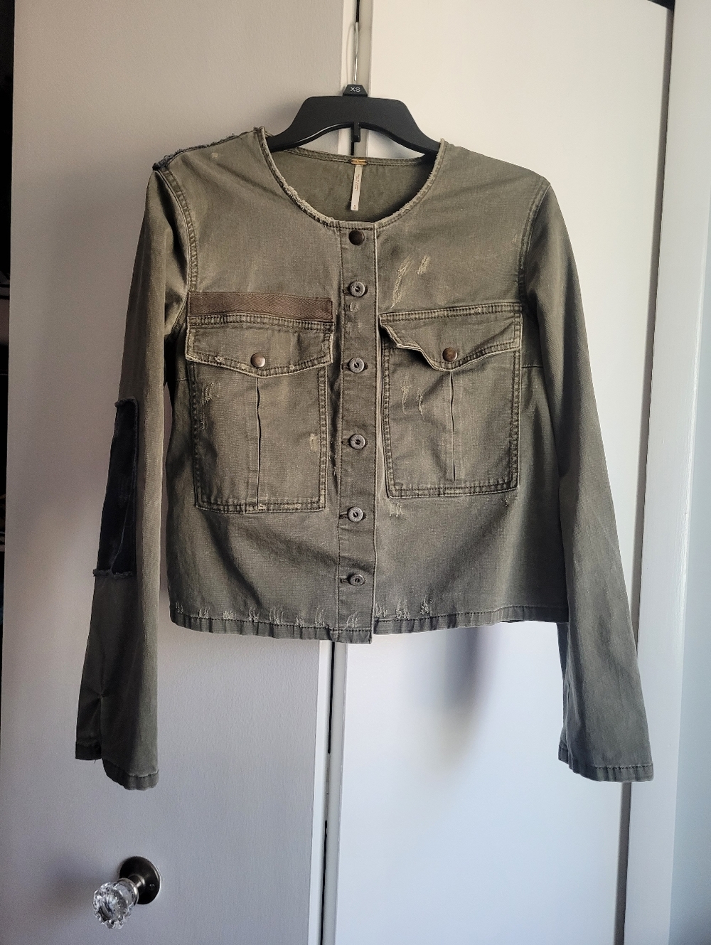 Free People Collarless Army Green Jacket Artfully Distressed - Picture 3 of 5